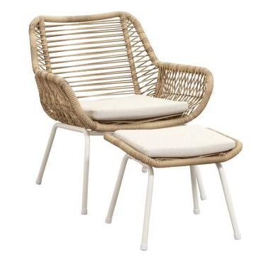 Loungestoel Grand met voetenbank - naturel/zand - metaal/wicker - 2-delig - Leen Bakker